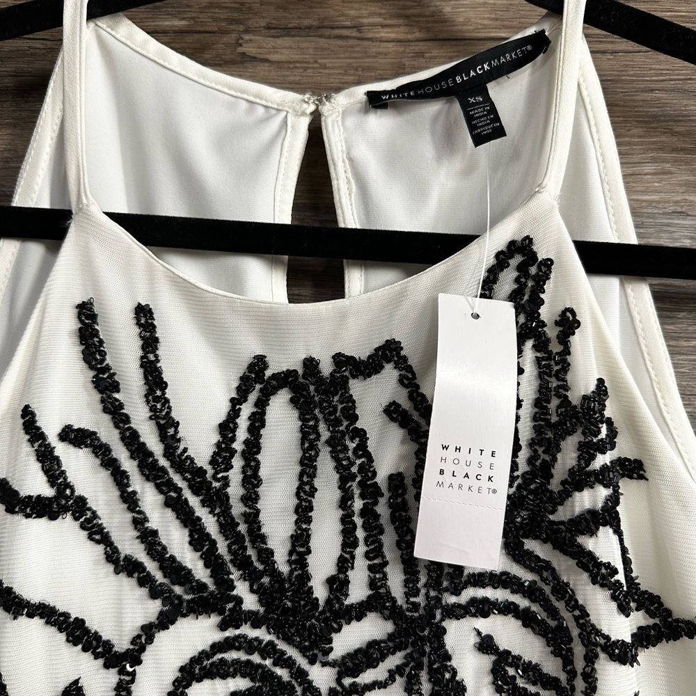 White House Black Market White and Black Beaded Floral Tank Top - Picture 2 of 8